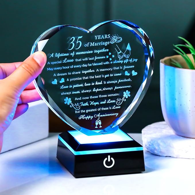 35th Wedding Anniversary Crystal Gifts for Couples Parents with Colorful LED Base, Happy 35th Anniversary Keepsake Gifts for Her Him, Romantic 35 Years of Marriage Heart Gift for Wife Husband