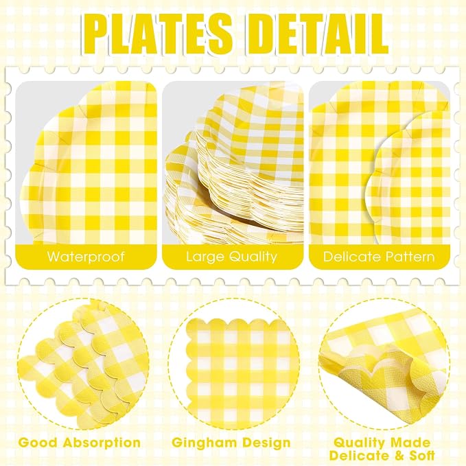 Funnymoom 400 Pcs Gingham Party Supplies for 50 Guests Yellow and White Paper Plates and Napkins Knives Spoon Fork Cup Disposable Checkered Dinner Party Set Cutlery for Baby Shower Wedding Favor