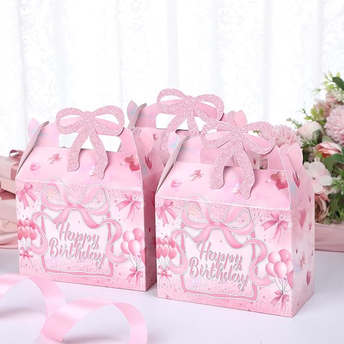 24 Pcs Pink Bow Birthday Gift Boxes with Handle, Coquette Cajas Para Dulces De Cumpleaños, Foldable Candy Treat Bags Party Favors for Girls Birthday Goodie Bags Baby Shower Bachelorette Decorations