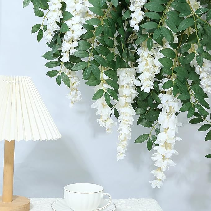 1pc/2pcs Encrypted Flower Vine Wisteria Artificial Flowers Garland,White Wisteria Hanging Flowers Flower Garland Decorations for Home Garden Outdoor Ceremony Wedding Arch Decoration (White, 1pc)
