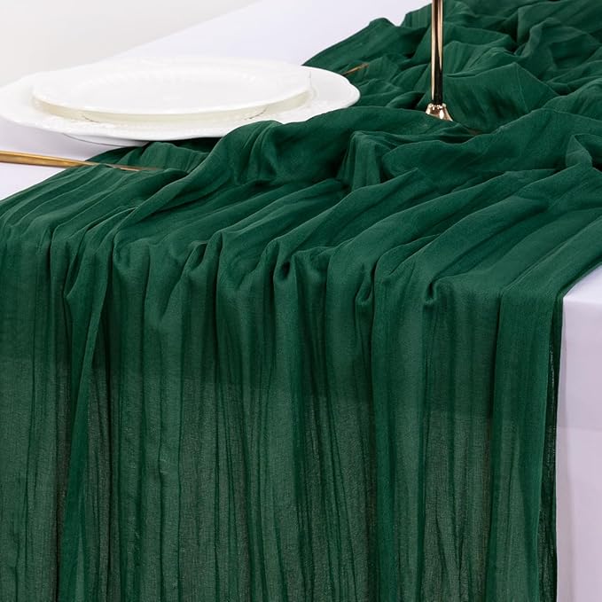 Socomi 3pcs Emerald Green Cheesecloth Table Runner Summer Boho Rustic Gauze 120 inch 10FT Cheese Cloth Sheer Runner for Wedding Party Baby Shower Birthday Home Decor Holiday Decorations