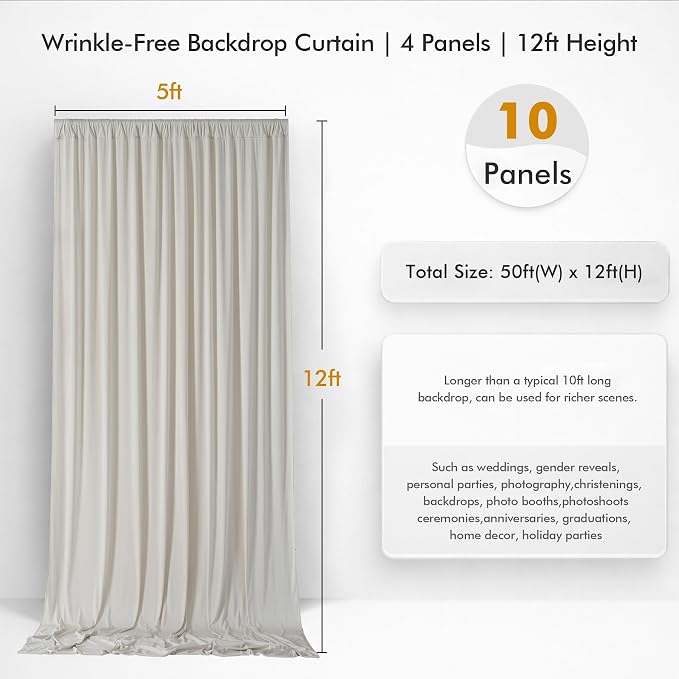 50ftx12ft Wrinkle Free Champagne Backdrop Curtain,10 Panels 12FT Height Wedding Backdrop Drapes,Silky Polyester Back Drop Cloth for Birthday Photography Background Party Backdrop Draping