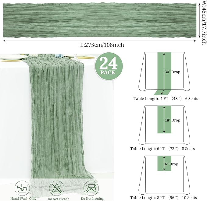 24 Pack Sage Green Cheesecloth Table Runner,Gauze Boho Long Cheese Cloth Table Runner 17x108 inch Rustic Table Runners for Wedding Party Bridal Shower Christmas Banquet Table Decorations