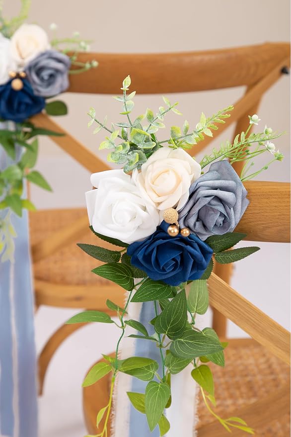 DORIS HOME Wedding Chair Decorations Blue Pew Flowers Set of 10 for Wedding Ceremony Party Aisle Decor with Artificial Flowers Eucalyptus and Ribbons