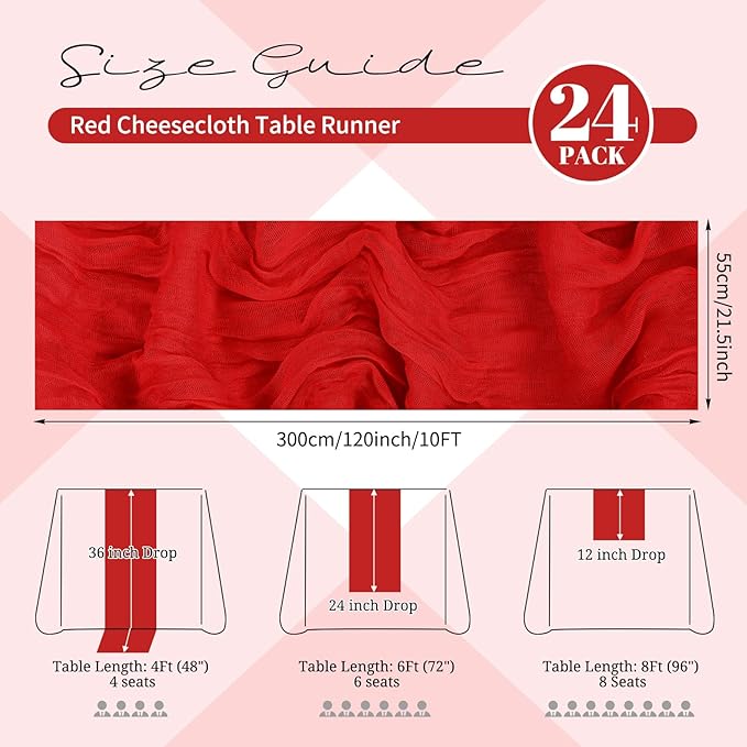 24 Pack Red Cheesecloth Table Runner 120 inch Fall Thanksgiving Boho Rustic Gauze Farmhouse 10FT Cheese Cloth Runner for Baby Shower Wedding Party Holiday Home Decor