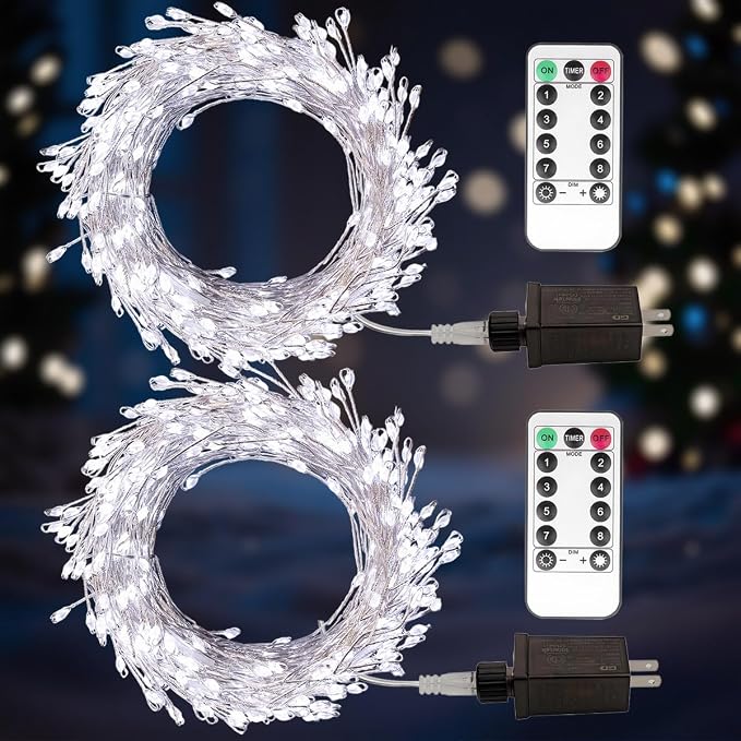 Firecracker Fairy Lights Plug in,2 Pack 20ft 200LEDs Silver Wire Cluster String Lights,8 Modes Remote Twinkle Light for Outdoor Indoor Garden Bedroom Christmas Tree Holiday,Cool White