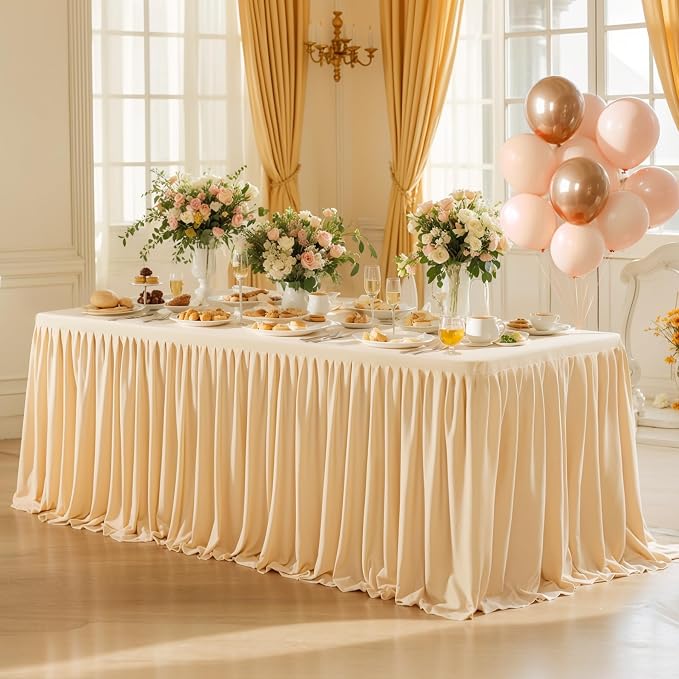 2 Pack Dark Champagne Tablecloths for Rectangle Tables 4ft, Wrinkle Resistant Champagne Table Cover Fitted Stretch Table Cloth with Pleated Ruffle Skirts for Party Banquet Dining Birthday Wedding