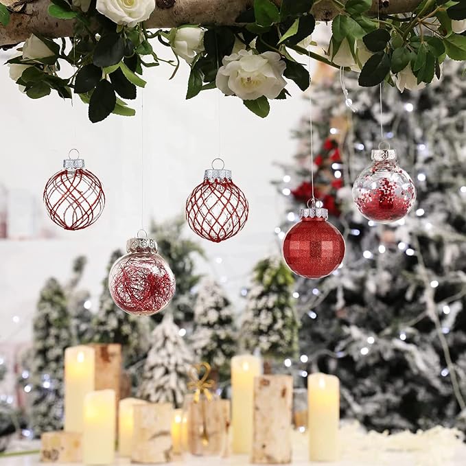 CristBest 30ct Christmas Ball Ornaments-60mm/2.36" Shatterproof Clear Plastic Xmas Balls Baubles Set with Stuffed Delicate Sparkling, Hanging Christmas Tree Decorations(Red)