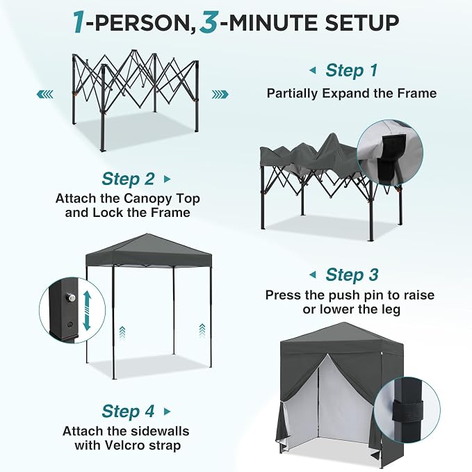 EAGLE PEAK 6x4 Instant Pop Up Canopy Tent with 4 Side Wall Panels, Straight Leg Sun Shelter, Portable Canopy with Carry Bag for Camping, Beach & Sports, Dark Gray
