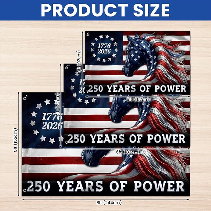 American Flag-250 Years of Power Flag, 1776 2026 Patriotic Horse Grommet Flag, 5x8 ft., Flag Only-USA Premium Polyester