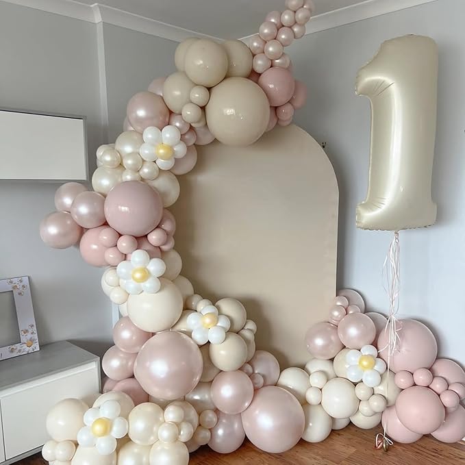 Pearl Dusty Pink Balloon Arch, Boho Double Stuffed Blush Pink Pearl White Balloons, Neutral Dusty Rose Ivory Clear Balloon Garland for Wedding Engagement Baby Bridal Shower Birthday Party Decorations
