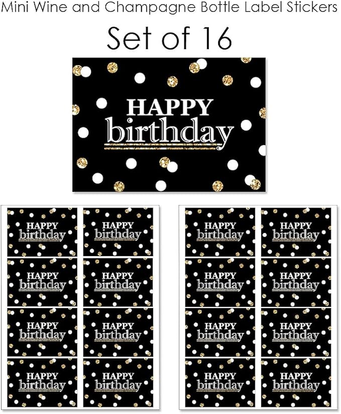 Big Dot of Happiness Adult Happy Birthday - Gold - Mini Wine and Champagne Bottle Label Stickers - Birthday Party Favor Gift for Women and Men - Set of 16