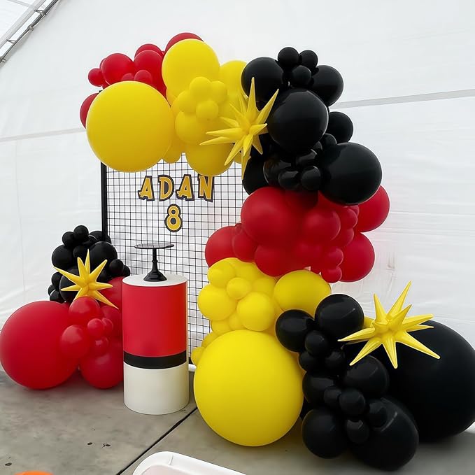 Red Black Yellow Balloon Garland Arch Kit, 117pcs Cartoon Birthday Party Decorations with White Long Balloon Lightning Strike Gold Explosion Star Foil Balloons for Cartoon Ball Baby Shower Party Decor