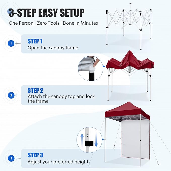 EAGLE PEAK Pop up Canopy 5x5, Outdoor Portable Canopy Tent with One Removable Sunwall, Carry Bag Included, Burgundy