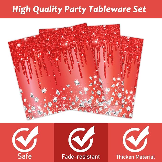 ZOIIWA 96 Pieces Red Birthday Tableware Set for Red Theme Silver Table Decorations Disposable Dessert Plates Napkins Forks for Women 24 Guests Diamonds Glitter Valentine's Day Birthday Party Supplies
