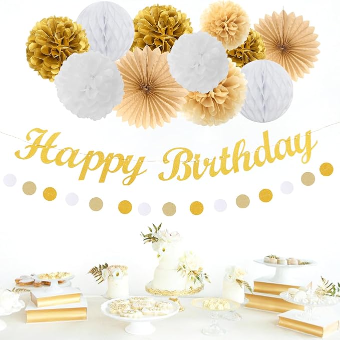 White-Gold Champagne Birthday Party-Decorations Paper-Flowers - 14pcs Happy Banner Engagement Honeycomb Tissue Pom Poms,Women Streamers Garland Beige Fans,21st 18th Girl Hanging Supplies Decor Hugfond