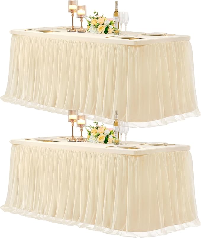 2 Pack 6ft Champagne Tulle Tablecloths for Rectangle Tables, 72 x 30 Inch Rectangular Table Cloth, Wrinkle Free Table Cover with Tutu Skirt for Wedding Birthday Party Banquet Buffet Decorations