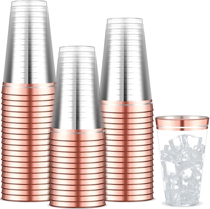 Sliner 50 Pcs Hard Plastic Cups Double Rimmed Plastic Cups Heavy Duty Fancy Wine Glasses for Holiday Christmas New Year Winter Birthday Party Supplies(14 Oz,Rose Gold)