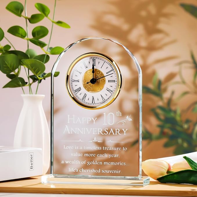 YWHL 10 Year Wedding Anniversary Clock Gifts for Couples, Laser Engraved 10th Anniversary Glass Keepsake for Him Her, 10 Year Wedding Gifts for Wife Husband (Battery not Included