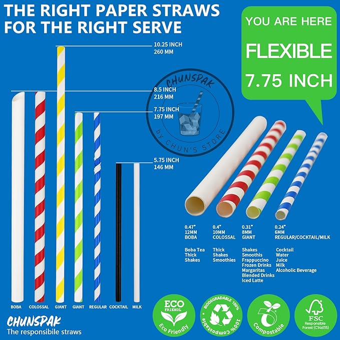 Bendable Paper Straws for Drinking, White, 7 3/4 inches, 250 Count - Great for Kids, Elderly, Home and Restaurant