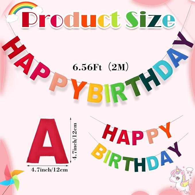 Mindsoft Felt Happy Birthday Garland Rainbow Banner Reusable Happy Birthday Sign Party Supply for Party Decor(Rainbow Color,Normal)