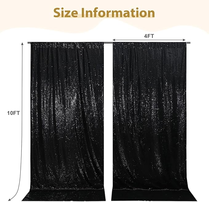 SquarePie 2 PCS 4x10ft Black Sequin Backdrop for Photography, Extra Long Satin-Backed Real Sequin Curtain, High-Density Shimmering Background with 4" Rod Pocket for Wedding Ceremony, 2 Panels