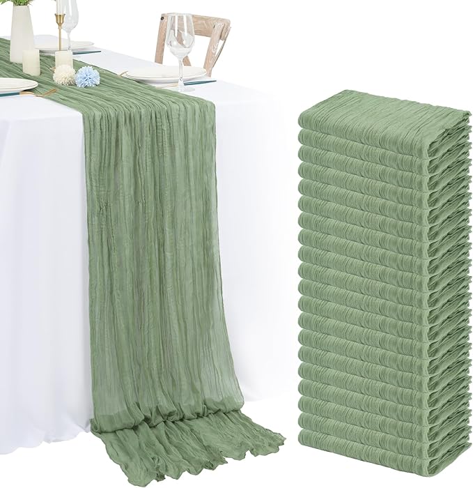 20 Pack Sage Green Cheesecloth Table Runner 120 Inch 10FT Rustic Boho Gauze Cheese Cloth Table Runner for Wedding Party Baby Shower Thanksgiving Christmas Decoration