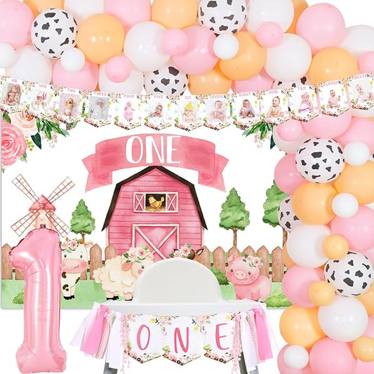 Farm Animal 1st Birthday Decorations Baby Girl - Pink Barnyard Cow Print Balloon Garland Kit with Barn Backdrop, One High Chair Monthly Photo Banner, Number 1 Balloons First Birthday Party Supplies