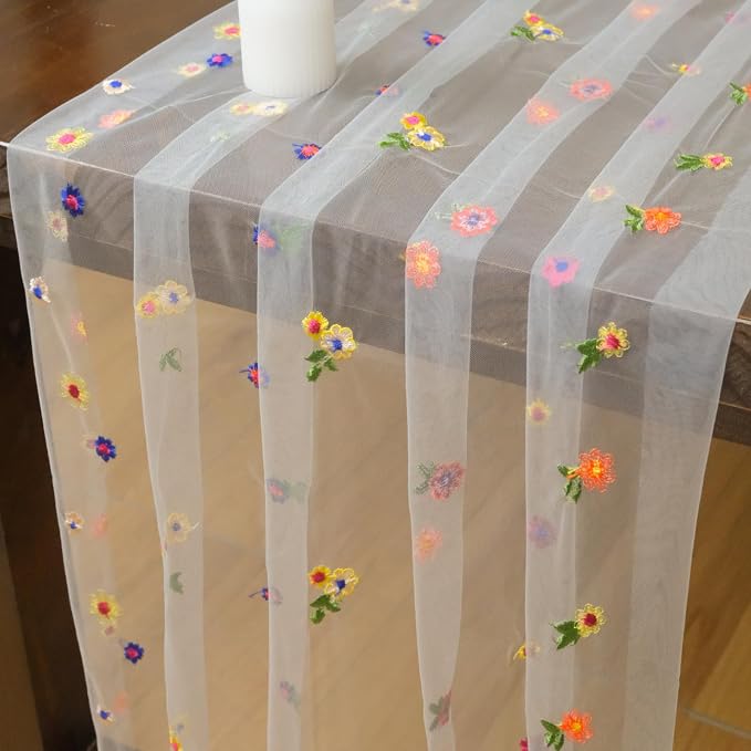 Set of 1 Flower Table Runner 10ft, 29 * 120 Inch White Table Cloth Sheer Tulle Table Cover,Embroidery Daisy Table Runner for Wedding Party Baby Shower Birthday Home Decor