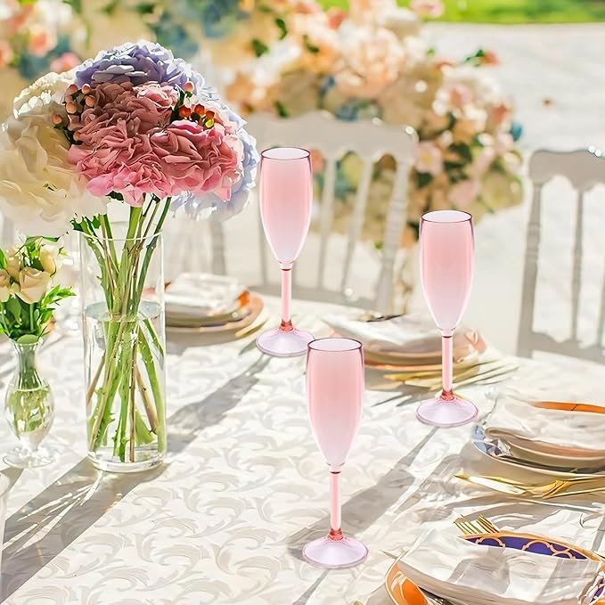 JLYLOL Champagne Flutes 5.4OZ Plastic Champagne Glasses Wine Glasses Plastic Goblets for Parties Mimosa Bar Glasses Stemmed Drinking Cups for Wedding Celebration Christmas Birthday Bride (Clear Pink)