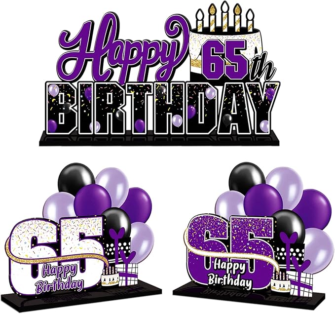 LINGTEER Happy 65th Birthday Purple Acrylic Table Topper Centerpieces Set - Cheers to 65 Years Old Birthday 65th Bday Party Gift Decorations.