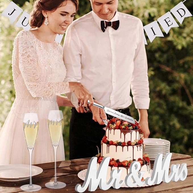 Engraved Mr and Mrs Champagne Flutes Wooden Sign,Wedding Toasting Glasses for Bride and Groom,Cake Knife and Server Set Just Married Banner for Couple Reception Ceremony