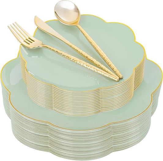 LIYH 150 Pcs Green Plastic Plates Sage Green Plastic Dinnerware Set Gold Silverware Gold Flower Plates Include 30 (Dinner & Dessert) Plates,30 Knives,30 Forks Suitable for Wedding