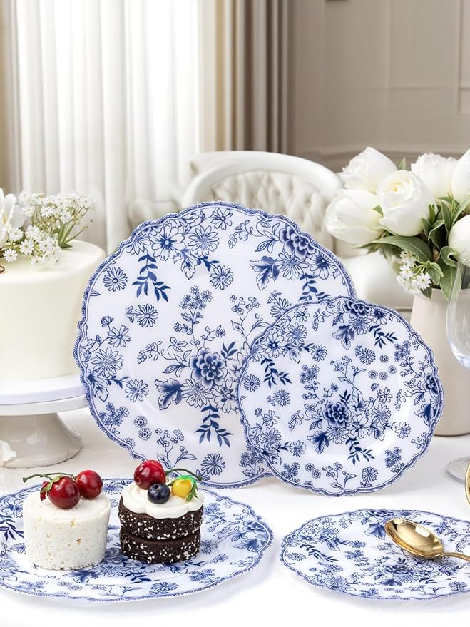 WDF 20PCS Blue and White Plates - Chinoiserie Blue Floral Plates - Baroque Floral Party Decor for Wedding Bridal/Birthdays/Tea Party