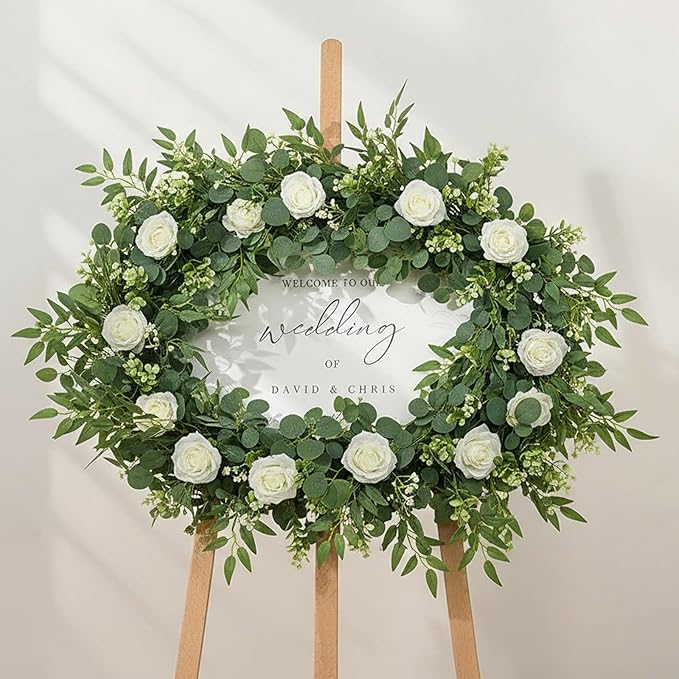 2 Pcs 5.9 Ft Artificial Eucalyptus Garland with Willow Leaves and Flowers Artificial Greenery Vines Fake Eucalyptus Flower Garland for Wedding Decoration Table Home Stairs Decor (2, White)