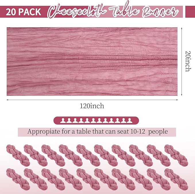 20 Pack Dusty Rose Table Runner 10Ft Cheesecloth Table Runner Boho Gauze Cheese Cloth Table Runners Romantic Long Sheer Fabric Table Runners for Wedding Party Bridal Shower