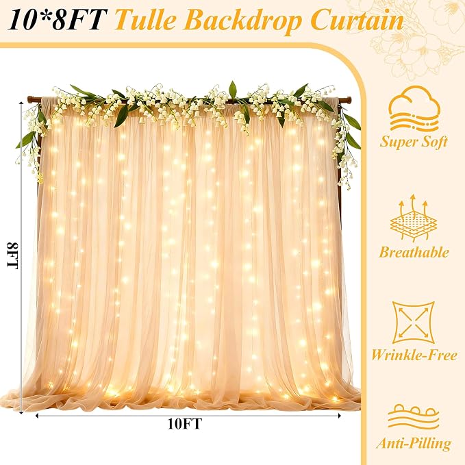 Ledido 2 Pack 10×8ft Champagne Tulle Backdrop Curtain with Lights String - 600LED Fairy Light Sheer Curtain Backdrop for Wedding Baby Shower Photo Shoot Birthday Party Decor(4 Panels 5×8ft)，Champagne