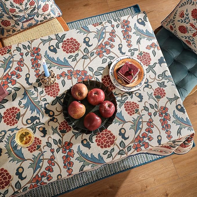 patdrea Elegant French Linen Tablecloth,Rectangular,87"x55"-Puno | Luxurious Table Cloth for Rectangle Table,Vintage Colorful Floral Design,Dining Room Kitchen Tea Party Decorations