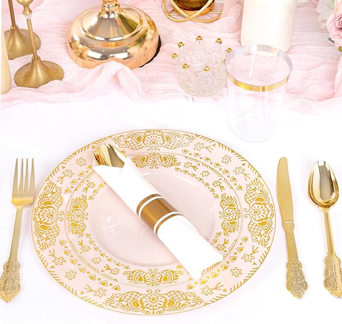 GATHER 350PCS Pink and Gold Plastic Plates - Gold Disposable Dinnerware Set Include 50 Dinner Plates, 50 Dessert Plates, 150 Plastic Silverware, 50 Napkins, 50 Cups for Wedding & Mother's Day