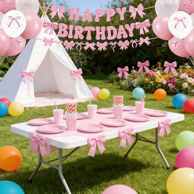 Pink Bow Birthday Party Supplies Serve 24, 232pcs Coquette Birthday Decorations Include Plates Napkins Cups Banner Tablecloth Cake Topper Balloons Tableware for Girls Bachelorette Party Decor