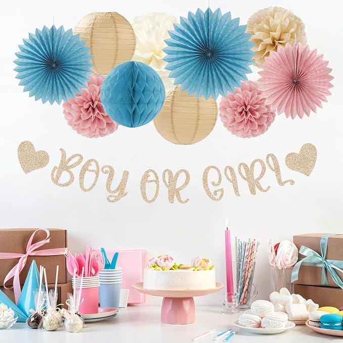 Boy Or Girl Gender-Reveal Party-Decorations - 22pcs Champagne Dusty Blue Blush Pink Backdrop Banner,Neutral Paper Lanterns Streamers,Tissue Pom Poms Flowers Fans Decor Ideas Supplies Hugmoon