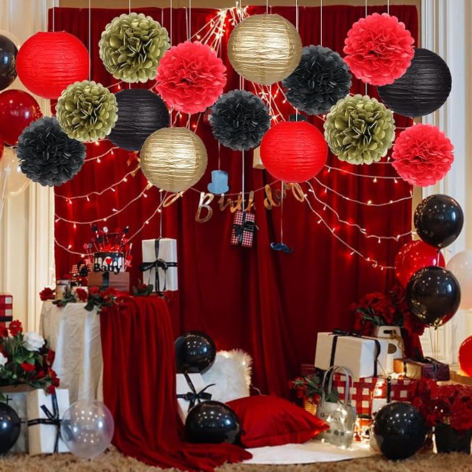 zilue Red and Black Party Decorations, Paper Lanterns and Pom Poms Flowers for Birthday Party New Years Retirement Decor Pack of 15 Pieces