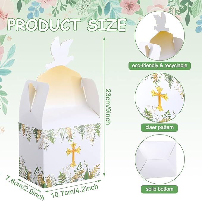 Geyee 48 Pcs Baptism Favor Boxes Baptism Party Favors First Communion Cross Goodie Gable Box Religious Party Favors God Bless Candy Boxes for Christening Baby Shower