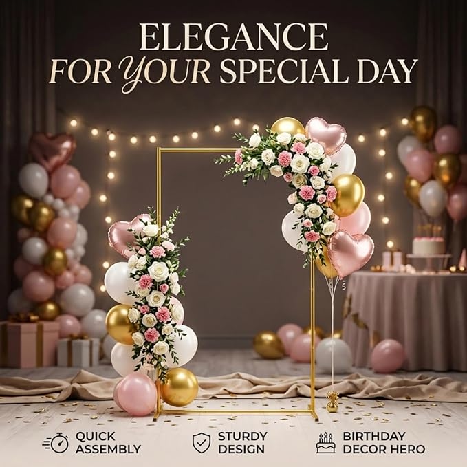 Metal Wedding Arch Backdrop Stand 6.6x3.3 FT Gold Square Balloon Arch Frame for Wedding, Birthday Party, Baby Shower Ceremony Decoration