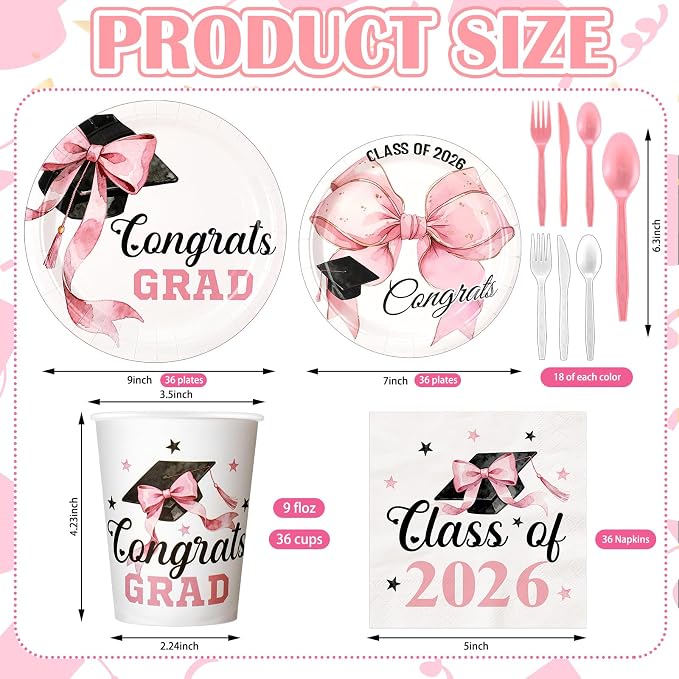 Yungyan 252 Pcs Pink Bow Graduation Cap Party Tableware Set Included Plates Napkins Cups Forks Knives Cutlery for Party Decorations Supplies 36 Guests