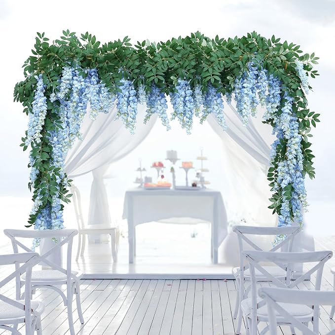 1pc/2pcs Encrypted Flower Vine Wisteria Artificial Flowers Garland,White Wisteria Hanging Flowers Flower Garland Decorations for Home Garden Outdoor Ceremony Wedding Arch Decoration (Blue, 1pc)