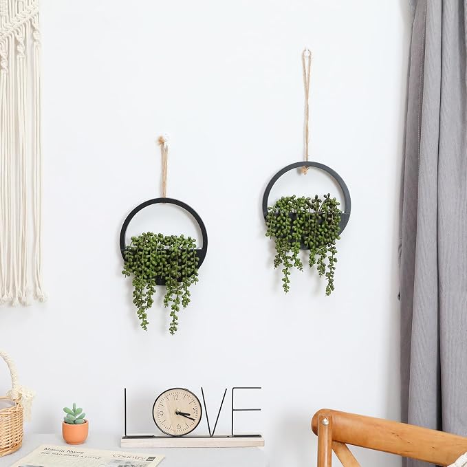 Floweroyal 2pcs Artificial Succulents Hanging Plants 20.1'' Fake String of Pearls in Pot with 9.4'' Lanyard for Indoor Outdoor Wall Decor (Black)