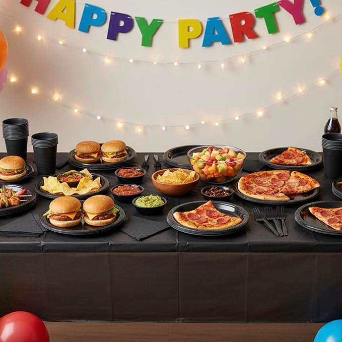 Black Plastic Plates for Party,30 Guest Disposable Plastic Plate Set 9" Plates,7" Dessert Plates,Napkins,Cups,Forks & Tablecloth for Birthday,Halloween,Christmas,Graduations
