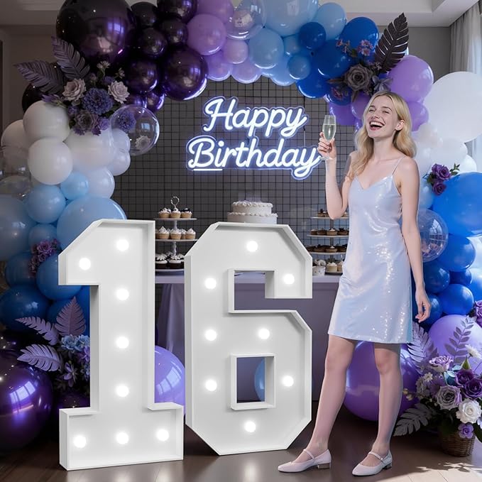 3FT Marquee Numbers 16 with Lights, Large Light Up Numbers Sign for 16th Birthday Party Decorations Backdrop, Anniversary Cardboard Big Mosaic Number 16