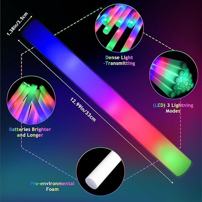 70pcs Foam Sticks Bulk, Foam Glow Sticks 3 Flashing Modes for Wedding Glow in The Dark Party Supplies, Light up Wands for Birthday, Outdoor Camping, Raves